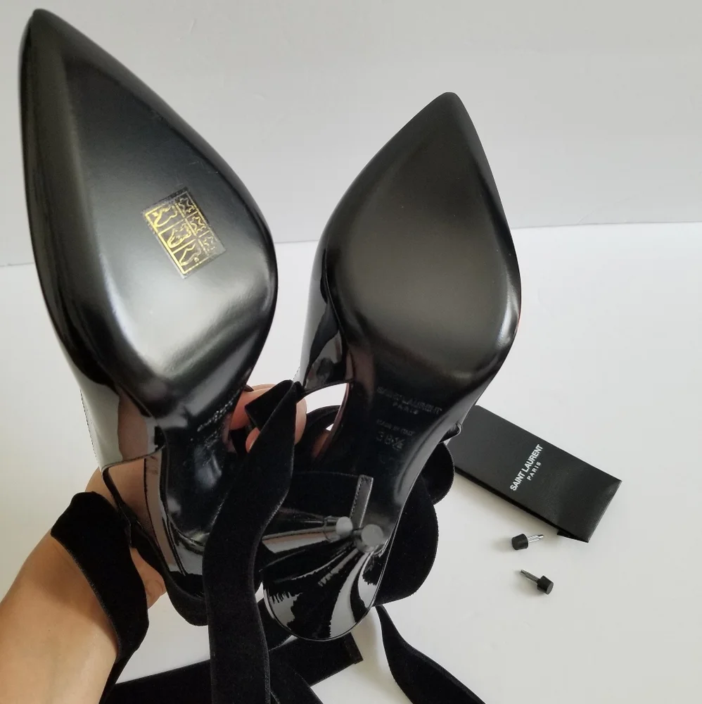 Saint Laurent Patent Leather Slingback Pointed Toe Lace Up Pumps Size 38… - Picture 7 of 12